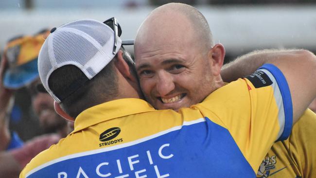 A jubilant Gavin Hiscox celebrates after the Yeppoon Seagulls’ A-grade grand final win at Browne Park on Sunday.