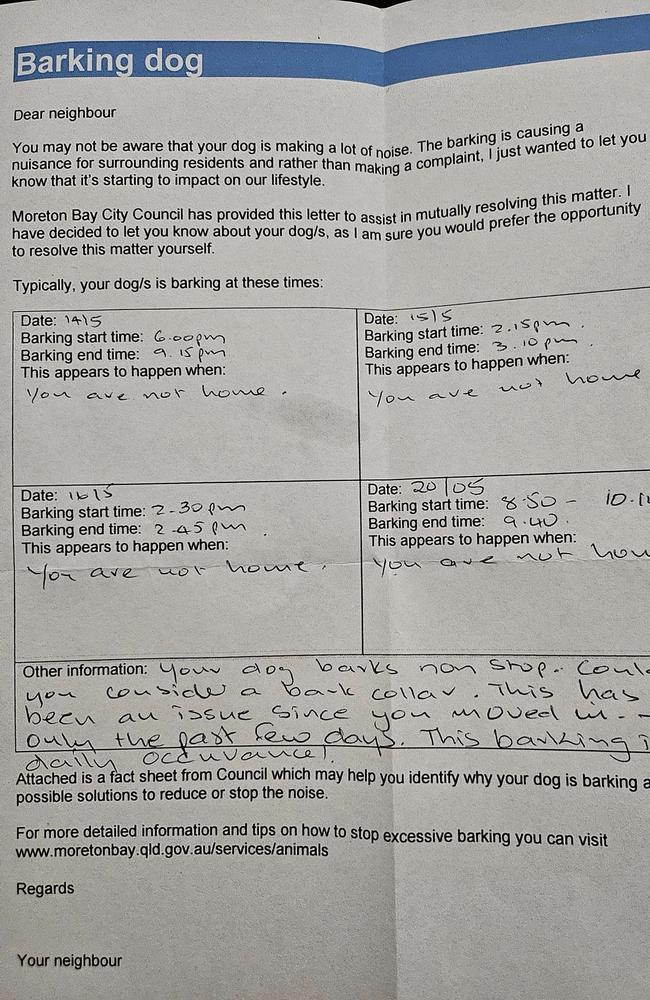 A council-provided letter a Albany Creek woman received in relation to allegations her dogs are barking excessively. Picture: Facebook