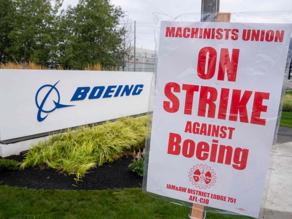 A strike sign is pictured outside a Boeing factory on September 13, 2024 in Renton, Washington. Picture: AFP