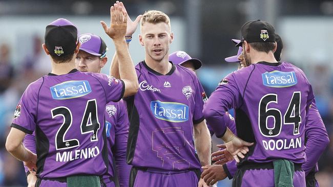 Riley Meredith celebrates a wicket for Hobart Hurricanes.