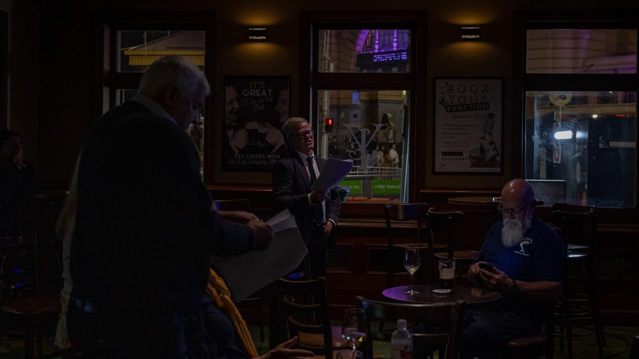 Melbourne, Australia: Patrons sing a hymn during the telecast of the Queen Elizabeth II funeral being telecast at the Young &amp; Jacksons Pub. Picture: Getty Images