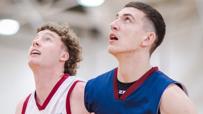 The Southport School player Angus Wilkie and Willetton Senior High School player Max Bucknell during the Basketball Australia School Championships. Picture: Taylor Earnshaw