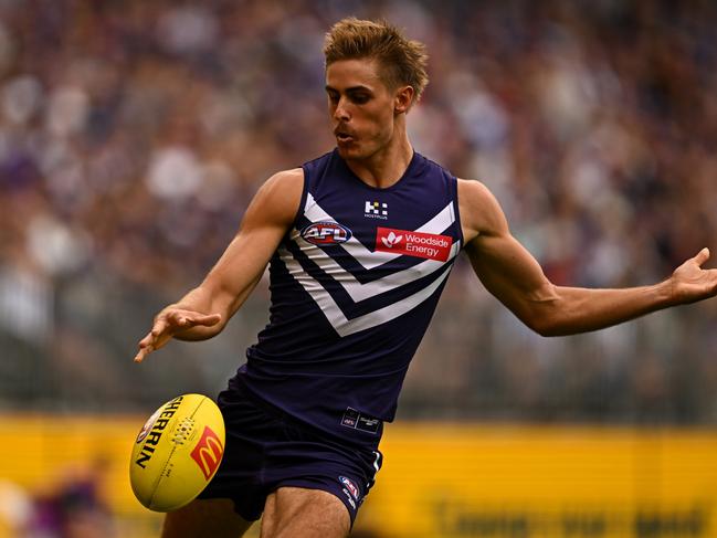 Jeremy Sharp has leapt to his teammate Jordan Clark’s defence following a controversial dissent free kick paid in the dying stages of Fremantle’s loss in Gather Round. Picture: Daniel Carson/AFL Photos via Getty Images.