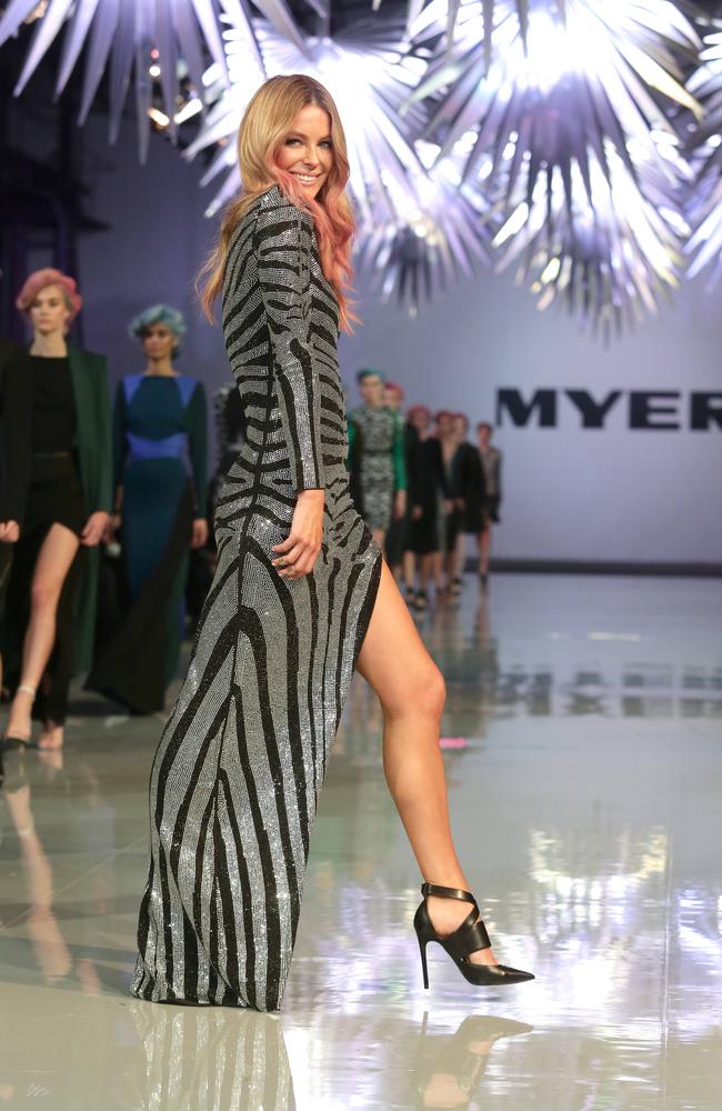 Jennifer Hawkins in a Balmain design at the Myer Spring Summer SS15 Fashion launch at Carriageworks.