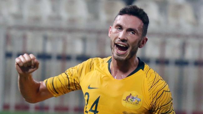 Australia's Apostolos Giannou celebrates after scoring during a friendly football match between Kuwait and Australia at the Kuwait Sports Club Stadium in Kuwait City on October 15, 2018. (Photo by Yasser Al-Zayyat / AFP)