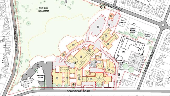 A site plan, showing in yellow which sections of the hospital would be demolished.