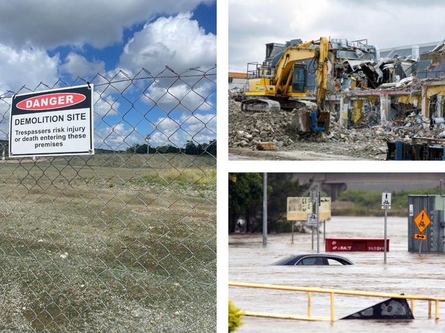 (Clockwise from left) Lanscaping works are well under way; demolition last year; the site regularly flooded.