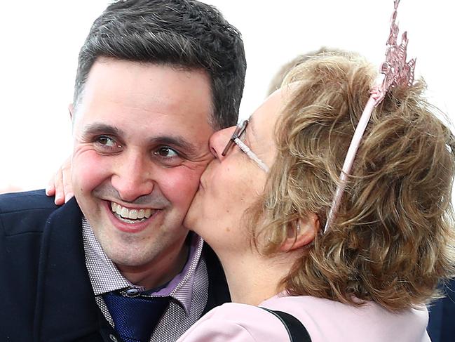 Young trainer Daniel Bowman celebrates with mother Lisa Petherick.