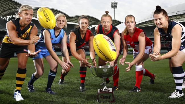 2018 SANFLW captains (L-R): Cassie Hartley (Glenelg), Caitlyn Swanson (Sturt), Ali Evans (West Adelaide), Rebekka McMahon (Norwood), Britt Perry (North Adelaide) and Kristi Harvey (South Adelaide). Picture: Sarah Reed.