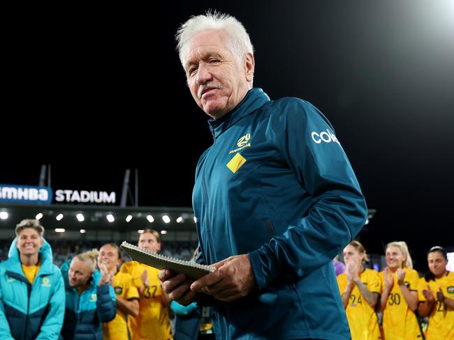 GEELONG, AUSTRALIA - DECEMBER 07: Australia Interim Head Coach, Tom Sermanni speaks to players following the International Friendly Match between the Australia Matildas and Chinese Taipei at GMHBA Stadium on December 07, 2024 in Geelong, Australia. (Photo by Morgan Hancock/Getty Images)