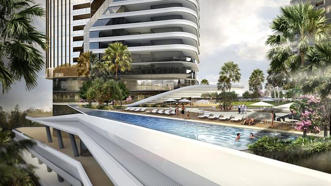 “Hero” pools and a spa area are under proposed Tower 2 on the Star Entertainment Group Masterplan Podium Recreation Deck for its Gold Coast island site at Broadbeach.