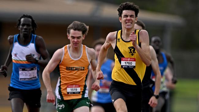 Sam Albiston wins the 200m heat during the Athletics Victoria Shield League. Picture: Andy Brownbill