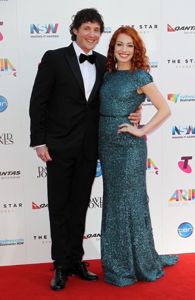 Lachlan Gillespie and Emma Watkins from The Wiggles at the 2015 Aria Awards held at The Star in Pyrmont. Picture: Christian Gilles