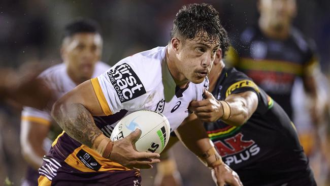 Broncos centre Kotoni Staggs on the charge against Penrith. Picture: Brett Hemmings/Getty Images