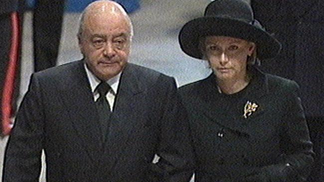 Mohamed Al Fayed arrives at Westminster/Abbey with his wife for the funeral of Princess Diana. Picture; AP.