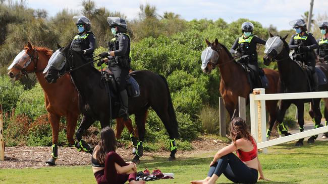 The mounted branch followed protesters as they dispersed. Picture: Alex Coppel