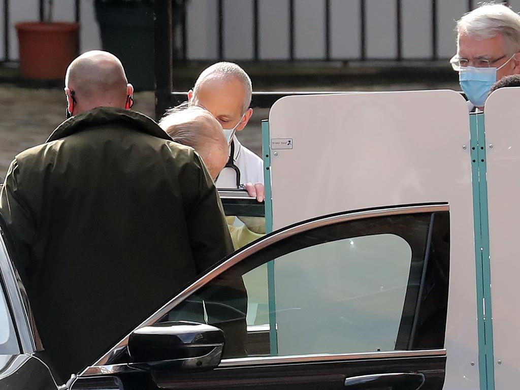 The Queen’s husband is helped into a car outside King Edward VII’s Hospital. Picture: Chris Jackson/Getty Images