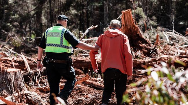 Bob Brown arrested by Tasmania Police at logging coupe in Eastern Tiers. Picture: Bob Brown Foundation