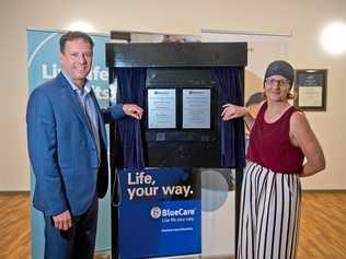 Uniting Care chief executive Craig Barke and Blue Care Central Queensland general manager Heather Henderson unveil a plaque acknowledging the completion of major refurbishments at Blue Care Homefield Aged Care Facility in West Mackay. Picture: Emma Murray