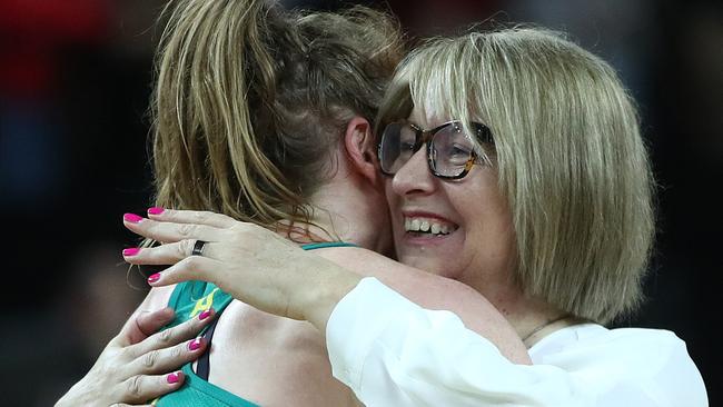 AUCKLAND, NEW ZEALAND - OCTOBER 16: Australia coach Lisa Alexander hugs Tegan Philip following the 2019 Constellation Cup match between the New Zealand Silver Ferns and the Australia Diamonds at Spark Arena on October 16, 2019 in Auckland, New Zealand. (Photo by Phil Walter/Getty Images)