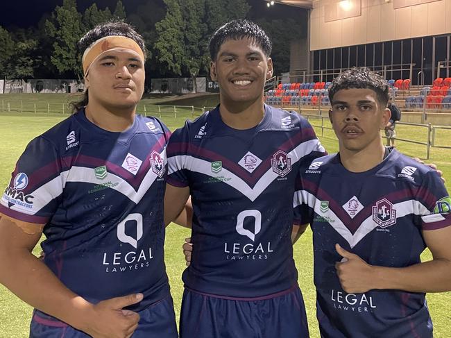 Ipswich trio Iosefa Kolio, LJ Nonu and Xavier Kirk after their win over Caloundra State High. Picture: Nick Tucker