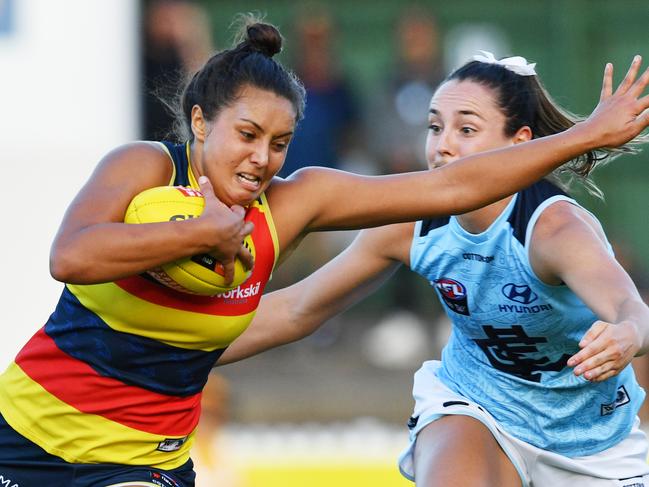 Crow Ruth Wallace is returning to the team after a year away from football and has changed her guernsey number. She is photographed in action in 2018. Picture: AAP Image/David Mariuz