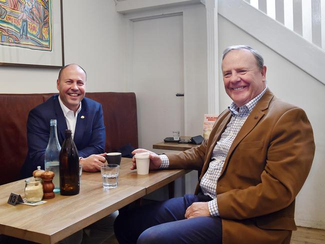 Treasurer Josh Frydenberg, left, and the man who had his job in 1998, Peter Costello. Picture: Nicki Connolly