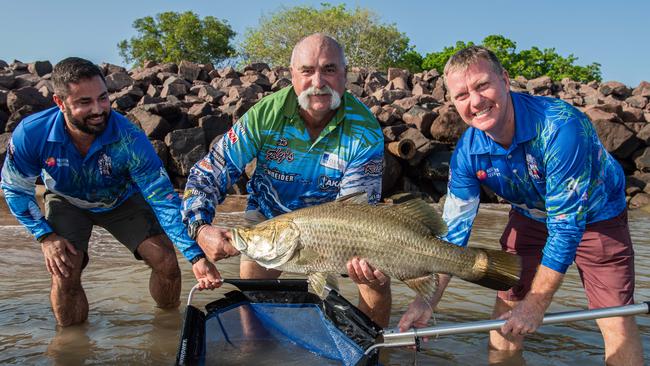 Sportsbet partnership manager Thijs Bors, Cricket legend Merv Hughes and Major Events Minister Paul Kirby opened season nine of the Million Dollar Fish competition which will offer 12 days of Fishmas prizes. Picture: Pema Tamang Pakhrin