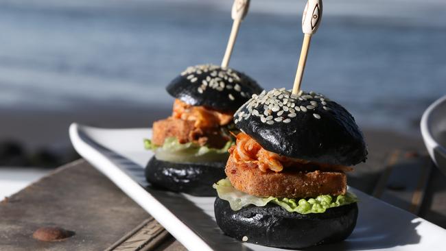 Tofu sliders with pickled kimchi and kewpie on a charcoal bun. Picture Glenn Hampson