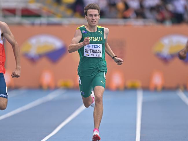 Cooper Sherman set a personal best in his 400m heat at the World Athletics Under-20 Championships. Photo by Pedro Vilela/Getty Images