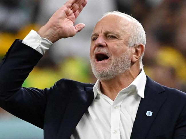 AL WAKRAH, QATAR - NOVEMBER 30: Graham Arnold, Head Coach of Australia, reacts on during the FIFA World Cup Qatar 2022 Group D match between Australia and Denmark at Al Janoub Stadium on November 30, 2022 in Al Wakrah, Qatar. (Photo by Claudio Villa/Getty Images)