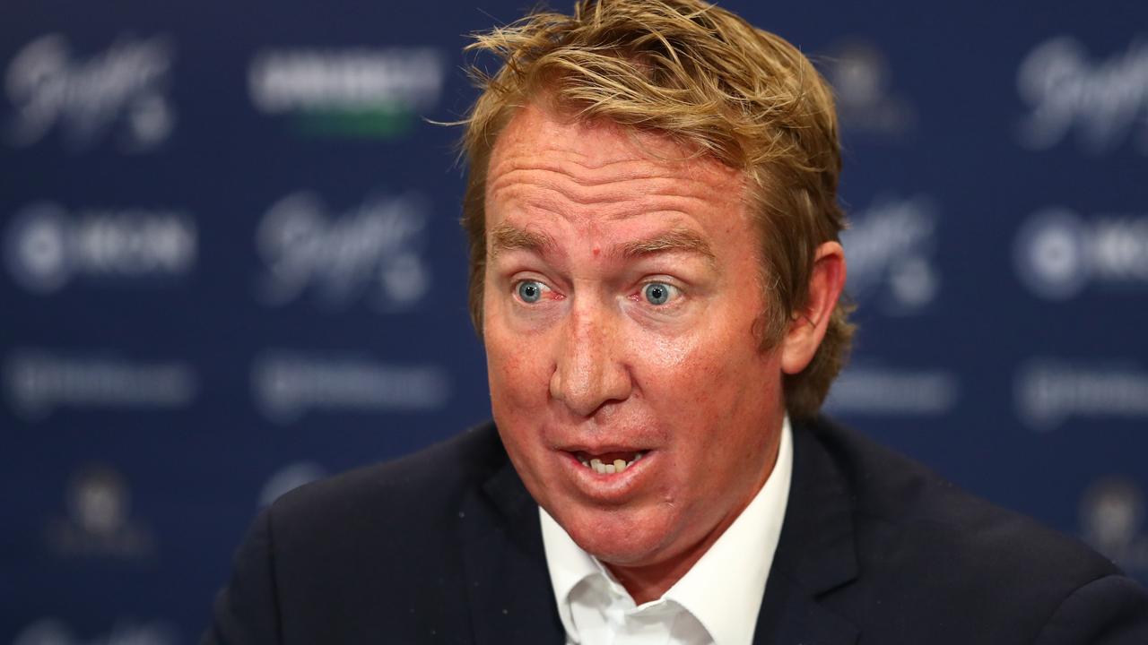 BRISBANE, AUSTRALIA – AUGUST 27: Roosters Head Coach Trent Robinson speaks to media during the round 24 NRL match between the Sydney Roosters and the South Sydney Rabbitohs at Suncorp Stadium, on August 27, 2021, in Brisbane, Australia. (Photo by Chris Hyde/Getty Images)