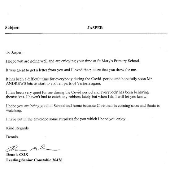 Leading Senior Constable Dennis Cox's reply to a letter from Sea Lake's St Mary's Catholic Primary School grade one student Jasper.