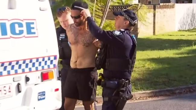 Liam Rawhiti Bliss, 34, during his arrest at Biggera Waters in March 2024. Picture: 7News.