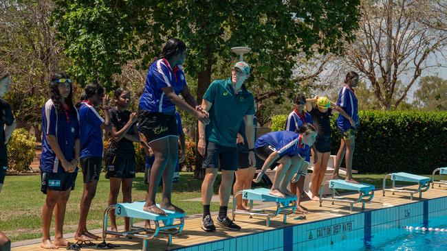 Mack Horton as Olympians and scholarship coaches run training sessions for Katherine youth at RAAF Base Tindal. Picture: Pema Tamang Pakhrin