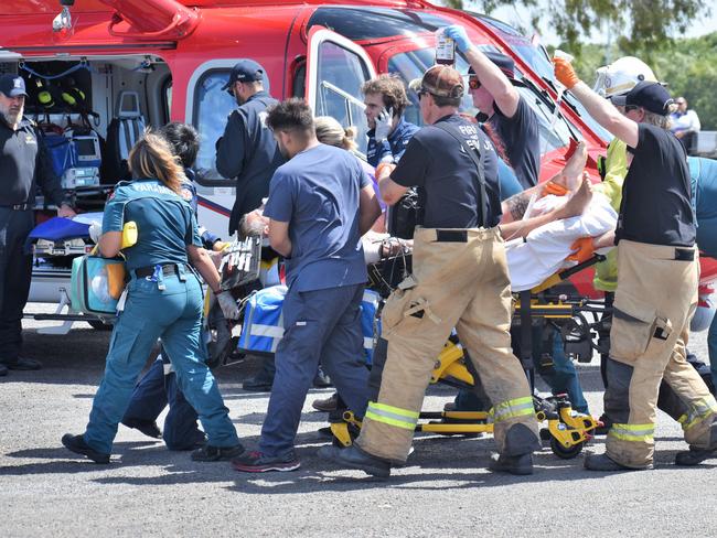 Rick Bettua, a former US Navy master diver, arrived at the Dungeness boat ramp in Hinchinbrook, with no pulse after his upper left leg was mauled by a bull shark on the Great Barrier Reef this afternoon. Picture: Cameron Bates