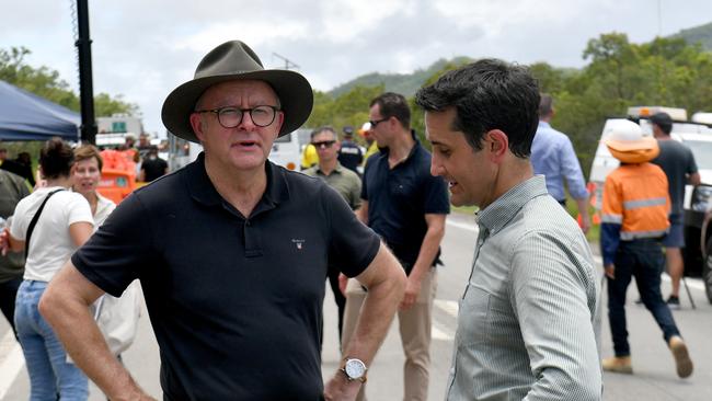 Prime Minister Anthony Albanese and Queensland Premier David Crisafulli in flooded north Queensland on Thursday. Picture: Evan Morgan