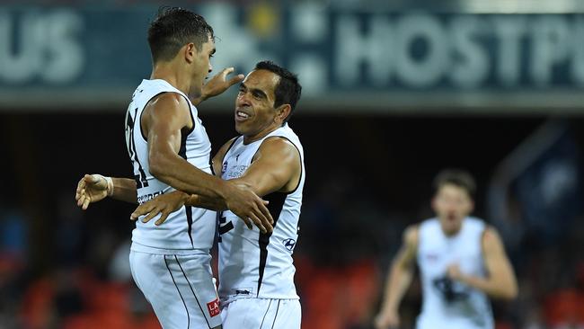 Eddie Betts celebrates with gun recruit Jack Martin. Picture: Matt Roberts/AFL Photos