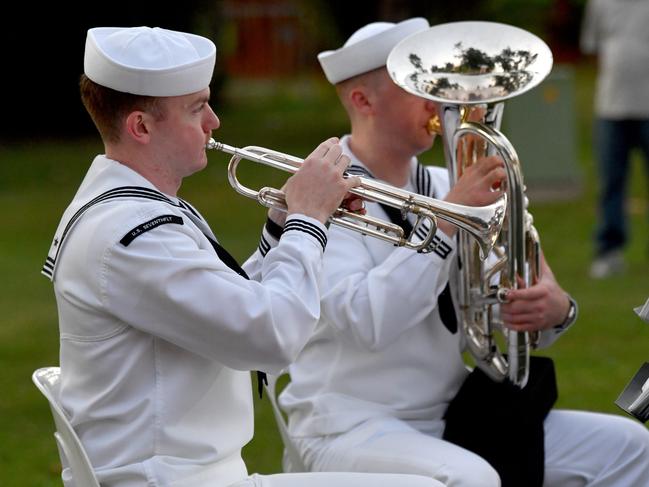 Dawn Service at Anzac Park for 83rd commemoration of Battle of Coral Sea. US Seventh Fleet Band member Musician 2nd Class Joseph Beaver. Picture: Evan Morgan