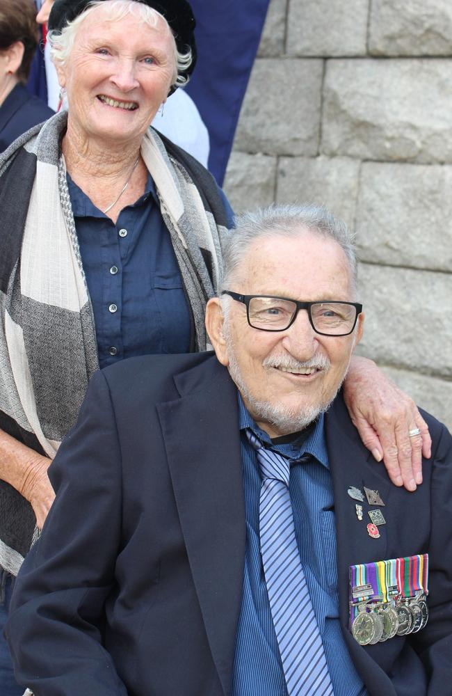 Skip Quelch and wife Joan of Brighton at the Sandgate Dawn Service. Skip served with the Royal Australian Navy in three wars: Borneo, Vietnam and Malaysia. Picture: Michelle Smith