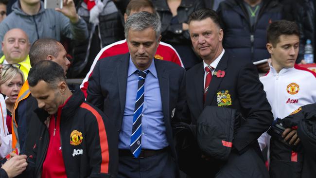 Chelsea's manager Jose Mourinho, with Louis van Gaal.