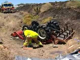 A woman, 26, was pinned under a tractor for an hour after the dam wall she drove onto collapsed at a Scrubby Mountain property. 