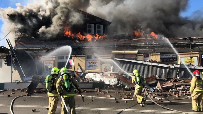 Fire crews at the scene after a massive fire took hold at the General Gordon Hotel. Picture: Angel Ioannou/Twitter