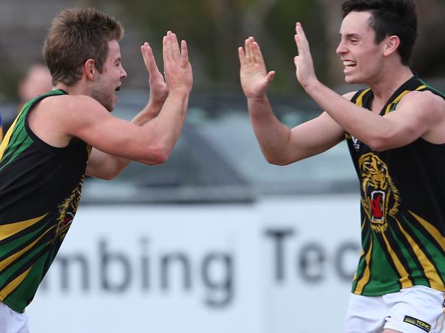 Sam Geurts (L) celebrates after scoring a goal for Dromana in the Nepean FL: Somerville v Dromana game. Saturday, June 3. 2017. Picture: David Crosling