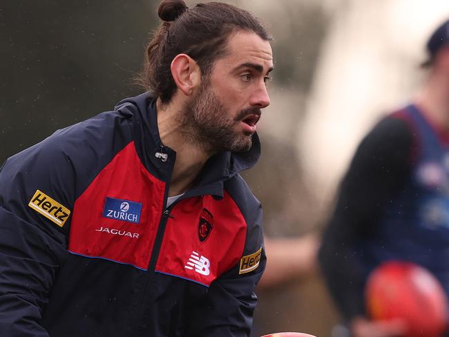 MELBOURNE, AUSTRALIA - JUNE 29: Brodie Grundy of the Demons controls the ball during a Melbourne Demons AFL training session at Casey Fields on June 29, 2023 in Melbourne, Australia. (Photo by Robert Cianflone/Getty Images)