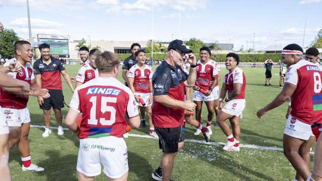 Meninga Cup under 18 rugby league grand final coach Scott Tronc approaches Michael Waqa. Picture: Richard Walker