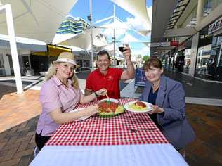 Above: Alli Grant and Tim Krause of Red and White Foundation and Chris Went CEO of St Andrews Hospital Ipswich are hosting the last dining event in the mall before the redevelopment. Picture: David Nielsen