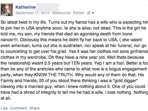 Katherine revealed how she had been betrayed on Facebook.