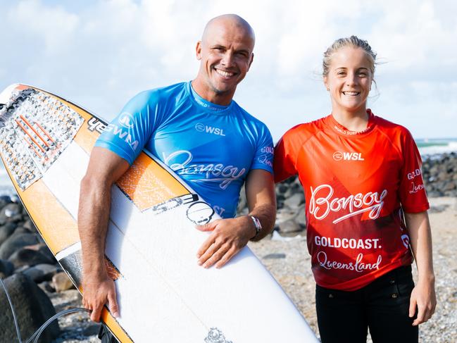Julian Wilson of Australia and Sophie McCulloch of Australia win the Trials prior to the commencement of the Bonsoy Gold Coast Pro on May 2, 2025 at Burleigh Heads, Queensland, Australia. (Photo by Beatriz Ryder/World Surf League)