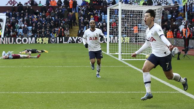 Tottenham’s Son Heung-min, right, celebrates scoring against Aston Villa at Villa Park. Picture: AP